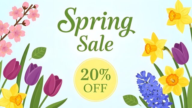 Vibrant spring flowers and greenery surround a central yellow circle with 'Spring Sale 20% OFF' text, showcasing a colorful floral arrangement.