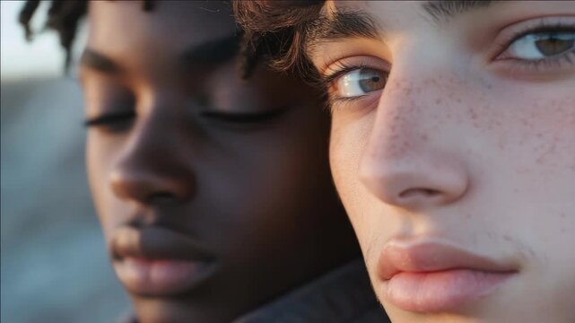 Two young faces, portraying different expressions on the same background.
