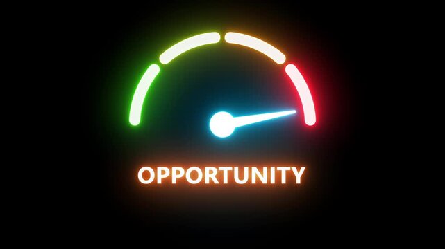 Opportunity medium, text level concept.barometer or tachometer meter on black background. Suitable for balanced prospects, moderate chances, and average growth or success visuals