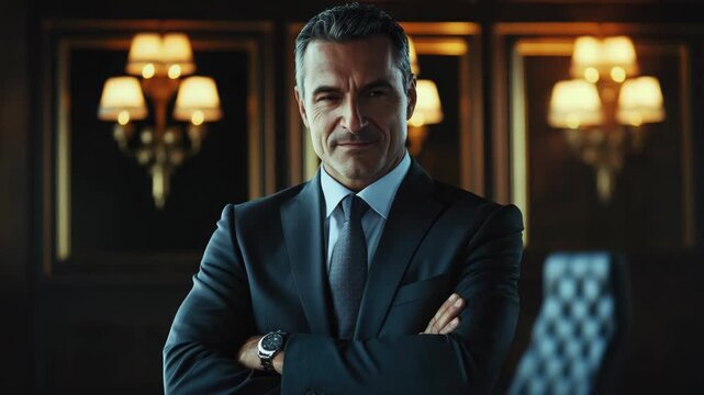 Man with dark hair, confident pose, hands on hips, wearing suit and tie.