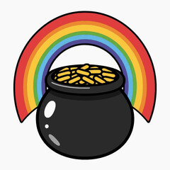 Fototapeta premium A colorful illustration of a pot of gold coins under a vibrant rainbow