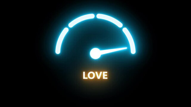 Love medium, text, word level concept with barometer or tachometer meter on black background. Suitable for balanced affection, steady emotion, and moderate relationship visuals