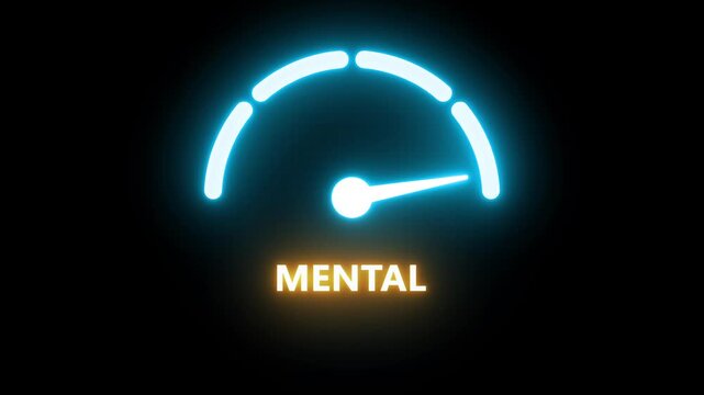 Animated mental health meter showing movement from stable to stressed, ideal for illustrating emotional balance, stress levels white background.