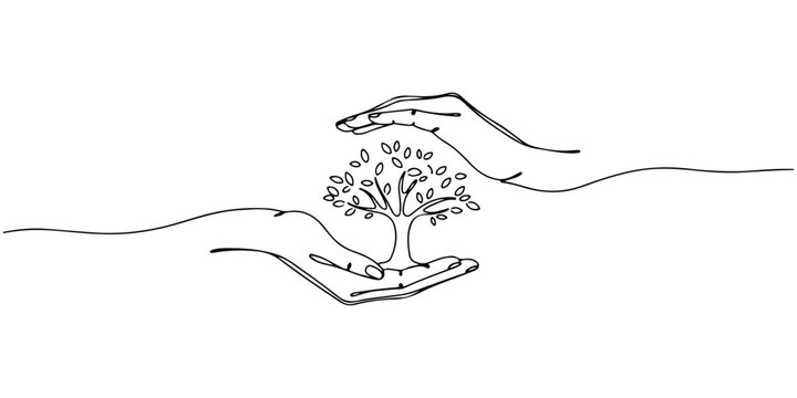 A continuous single line drawing of a two hands joining to protect a tree, line art style illustration.