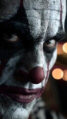 Creepy Evil Clown with Sinister Smile, Scary Face Paint Makeup, Horror Character Portrait, Fear, Nightmare, Halloween, Circus Horror and Psychological Terror Concept