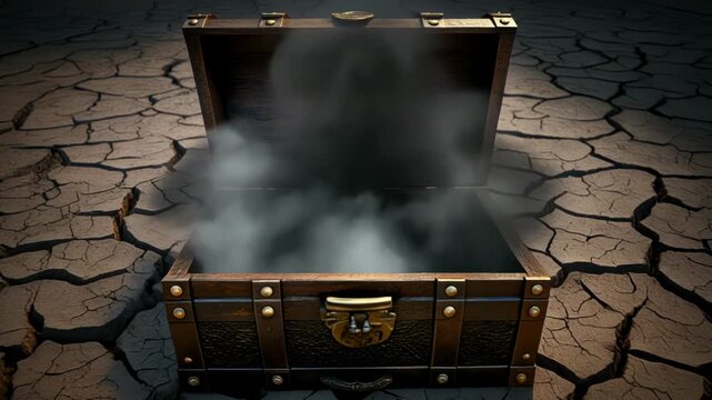 ひび割れた大地に開く宝箱から黒霧が噴き上がる崩壊の予兆
