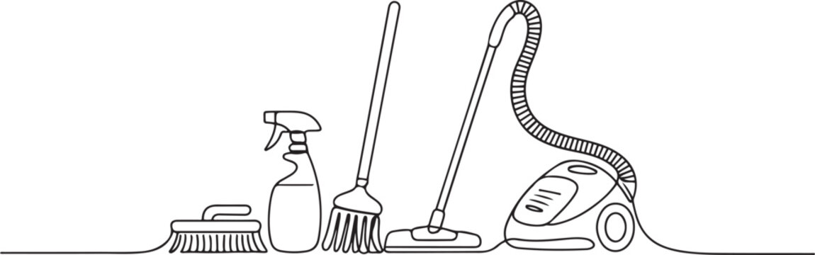 Continuous one line drawing of Cleaning sevice tools. Single line drawing illustration of Cleaning service and detergent products. one line art icon drawing vector