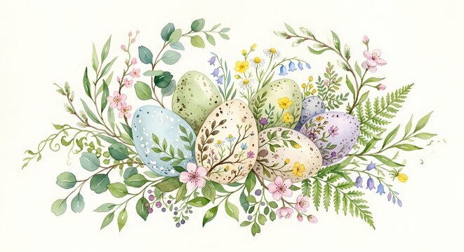 Watercolor illustration featuring seven intricately decorated eggs nestled among an array of spring flowers and greenery