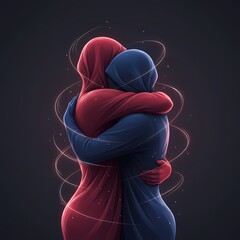 Two human figures one in red and the other in blue