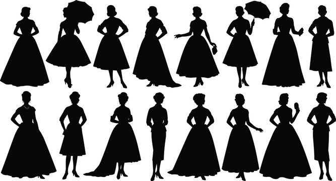 Collection of sixteen black silhouettes of elegant women in vintage mid-century dresses and gowns, classic retro fashion poses isolated on white background.