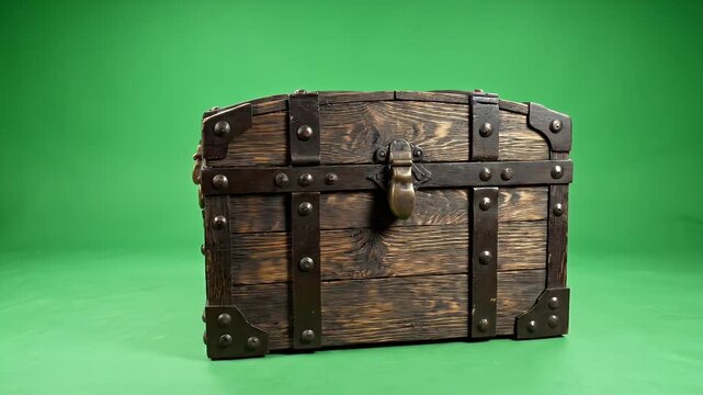 A weathered, rectangular wooden chest with metal accents, set against a green backdrop