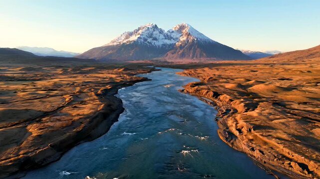 Cinematic aerial view of a bright blue river flowing through a golden Patagonia valley toward a majestic snow mountain, ideal for travel documentaries.