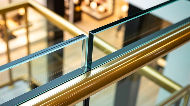 Glass railing with metal handrail in modern shopping mall interior architecture