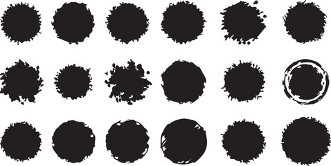 Hand drawn black circles isolated on white background. Black painted round shapes with rough edges. Set of different circle brush strokes. Hand drawn geometric shapes