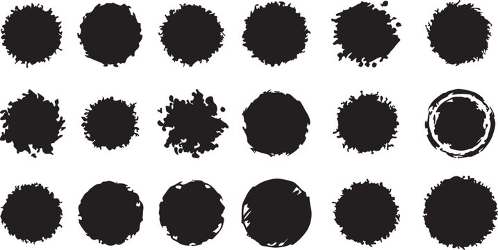 Hand drawn black circles isolated on white background. Black painted round shapes with rough edges. Set of different circle brush strokes. Hand drawn geometric shapes