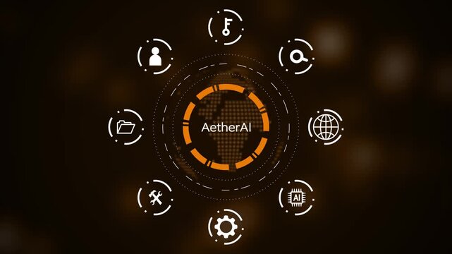 Aether AI digital interface with glowing orange circular HUD and surrounding representing data, security, and global connectivity on a dark brown background