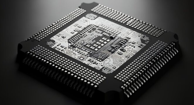 A detailed view of a modern microprocessor chip with intricate circuitry
