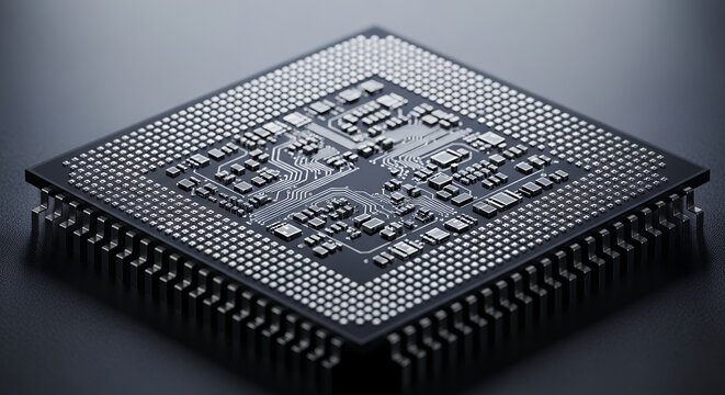 A detailed view of a modern electronic microprocessor chip on a reflective surface