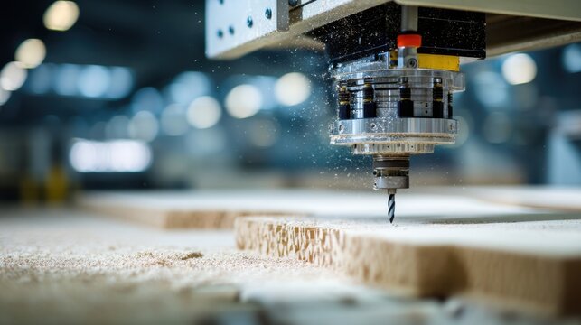 Close-Up of Precision CNC Router Cutting Wood, Showing Detail of Tools and Sawdust in Manufacturing Workshop Environment with Blurred Background