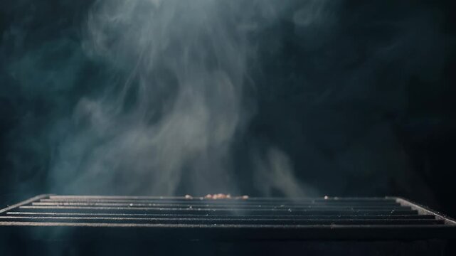 Close up of an empty barbecue grill grate with thick billowing smoke rising against a dark black background
