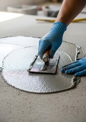 Artisan Carefully Applying Concrete Compound with Blue Gloves and Trowel