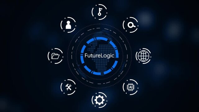 Futuristic digital interface displaying Future Logic with a global network of interconnected representing data management and artificial intelligence technology on a dark blue background Keywords