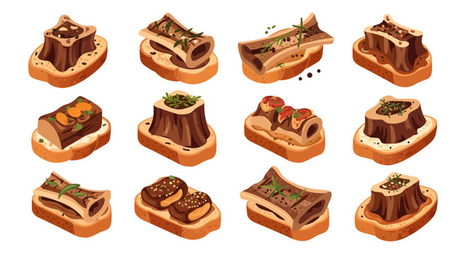 Roasted Bone Marrow on Toasted Bread Illustration Set, Gourmet Beef Marrow Crostini Appetizer Icons on White Background