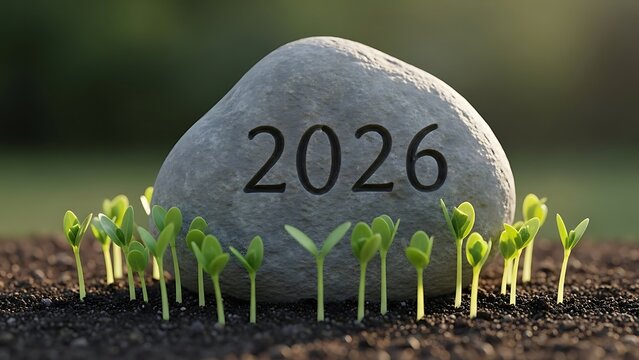 Small green seedlings growing around a rock with the year 2026 on it