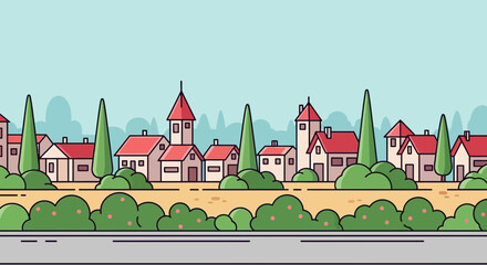 Obraz premium Townscape with houses and trees, flat design illustration