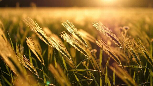 Close-up shot of golden wheat field swaying gently in warm sunlight with a shallow depth of field