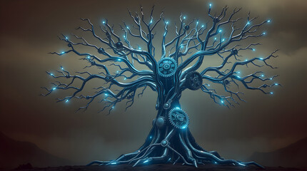 Metallic tree sprouting blue light  gears