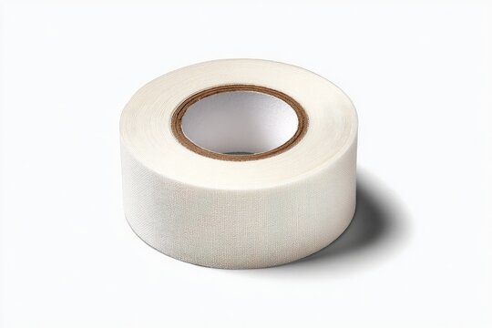 A roll of white, adhesive tape sits, centered, casting a shadow on a white background