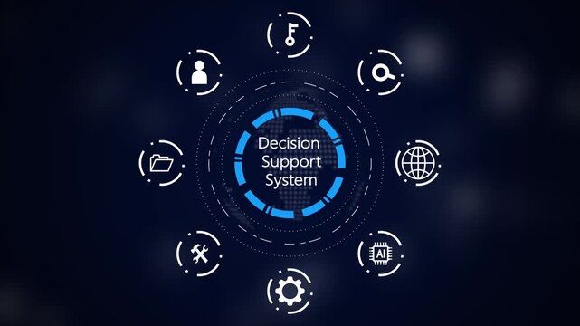 Futuristic digital interface displaying Decision Support System with surrounding for AI integration, global network, data management, search, user access, and system settings on a dark blue
