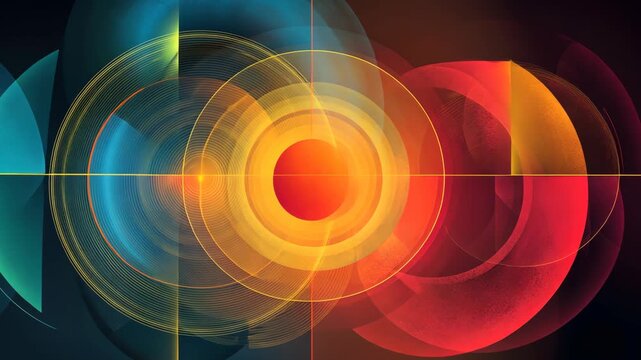 Abstract composition of layered semi-circles in warm hues and lines against a dark backdrop
