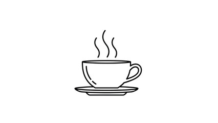 Obraz premium Cup of hot steaming coffee or tea on a saucer shown as a minimalist black line icon on a white background.