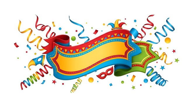 A colorful banner design perfect for festive events and celebrations. This image showcases a vibrant design with ribbons, confetti and a mask, ready to add a touch of joy and vibrancy
