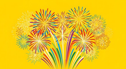 Colorful explosion of fireworks on a bright yellow backdrop. The fireworks burst in various vibrant hues, creating a dazzling display