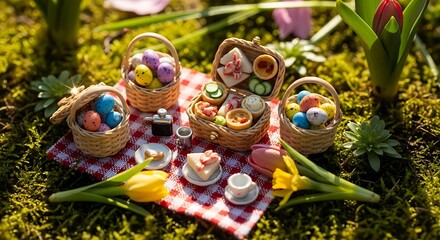 Miniature springtime picnic with easter eggs and food on mossy ground
