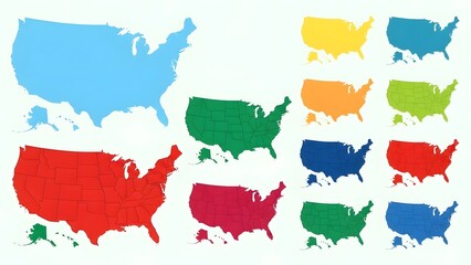 Fototapeta premium Multiple colorful maps of the United States displayed from various viewpoints on a clean background