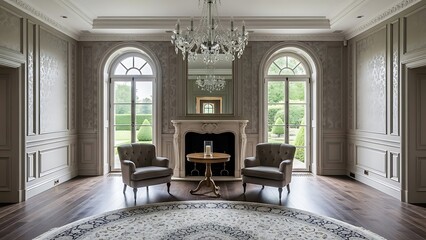 Opulent living room design with chandelier, fireplace, and armchairs