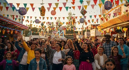 Naklejka premium A joyful scene captures a crowd of people celebrating under colorful decorations. People are gathered together in an outdoor area