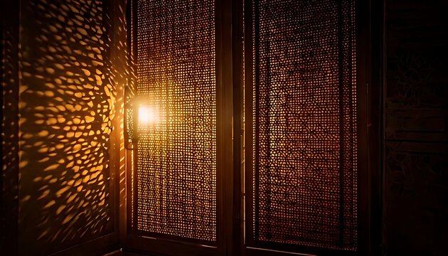 Warm light filters through a textured screen, casting intricate shadows on a wall, suggesting an inviting space