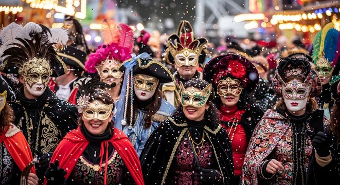 People in ornate masks and costumes gathered at a festive carnival event. Smiling individuals are seen amidst vibrant colors and elaborate attire.