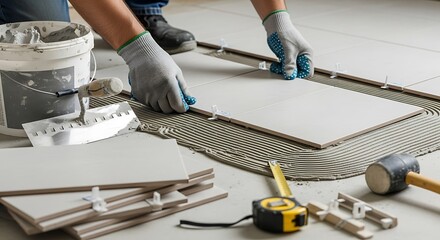 Skilled worker laying gray ceramic tiles meticulously on adhesive mortar