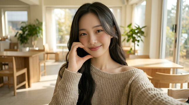 Lovely young woman making a K-pop style cheek heart gesture in a cozy cafe, cute Korean selfie pose, radiant smile, warm lifestyle photography