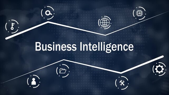 Business Intelligence concept with white text and on a dark blue map background featuring data analysis search key global network artificial intelligence user profile document folder and mechanical
