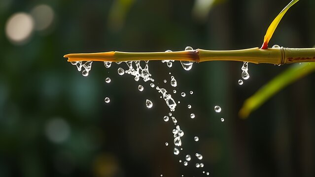 flinging. A flexible bamboo branch recoiling, flinging water droplets into the air. gardening catalogs, home-decor guides, designed for home decor and floral branding, used by procurement managers.