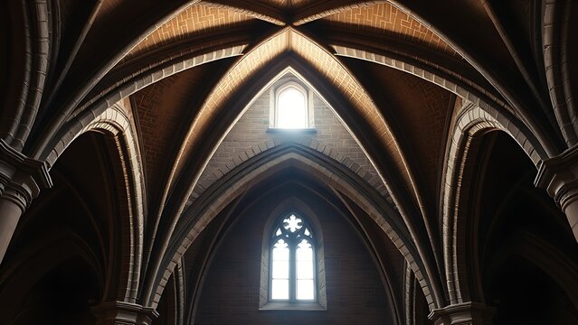groin. Intersecting stone arches of a Gothic cathedral ceiling meeting at a precise groin vault. real-estate listings.