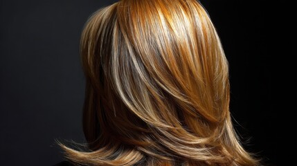 Naklejka premium Elegant Long Hair with Subtle Highlights Illuminated by Soft Light Against a Dark Background, Perfect for Beauty and Haircare Showcases or Promotional Materials