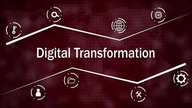 Digital Transformation theme with white text and on a dark red map background featuring data analysis search key global network artificial intelligence user profile document folder and mechanical